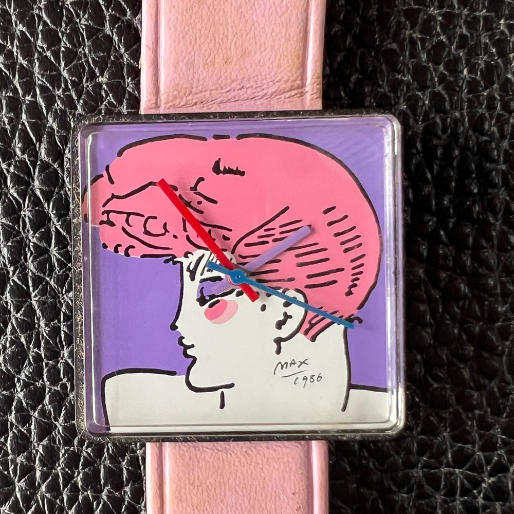 RARE Peter Max, Watch - Pink Hair Portrait, Wristwatch with Pink Leather Band